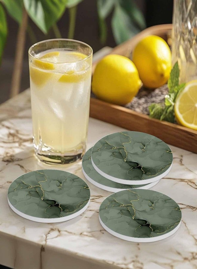 Daleng Coasters for Drinks Set of 4 with Holder Marble Gold Line Watercolour Sage Green Gradient Ceramic Cup Mat Absorbent Ceramic Stone Coasters with Cork Base for Coffee Cups Wooden Table Home Decor 4in - Image 5